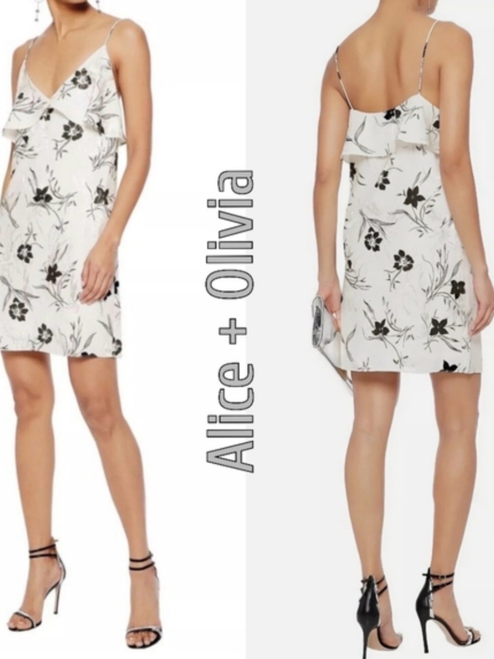 Alice + Olivia White and Black Floral Ruffle Slip Mini Dress, XS